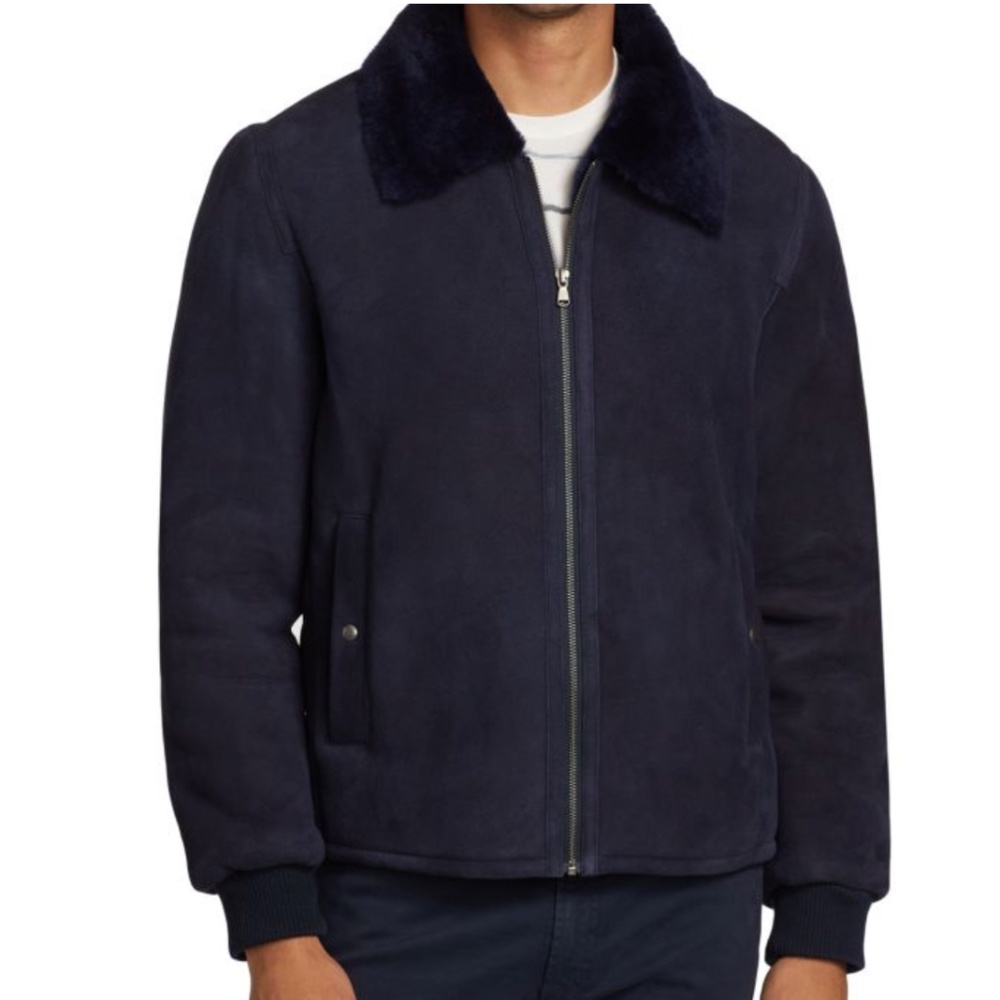 Saks Fifth Avenue Shearling Collar Suede Bomber Jacket Men’s XL Navy New